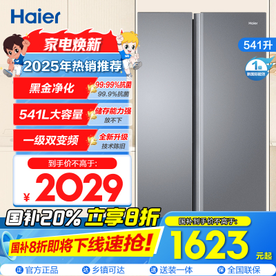 海尔(Haier)541升对开门双开门 一级变频节能 风冷无霜大容量嵌入式家用冰箱 新品BCD-541WGHSSEDG7