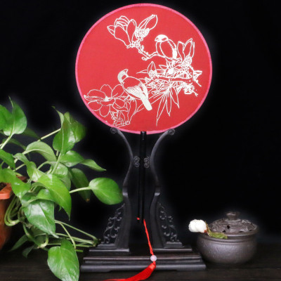 扇子女古风汉服团扇烫金圆扇中国苏古典女式长柄舞蹈扇宫廷扇三维工匠墨梅款-素白-烫金半透明