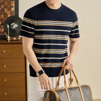 含蚕丝羊毛2026春季新款针织短袖男T恤时尚休闲圆领条纹T恤短袖男