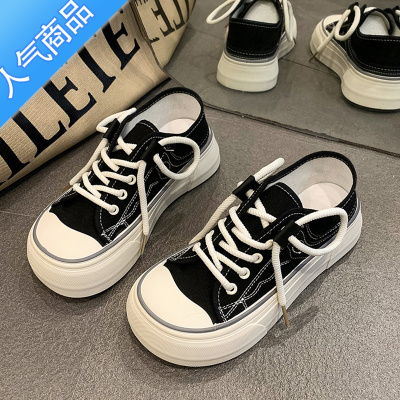 SUNTEK奶呼呼丑萌宽头厚底帆布鞋女2023新款小众原创芒果头配裙子小白鞋