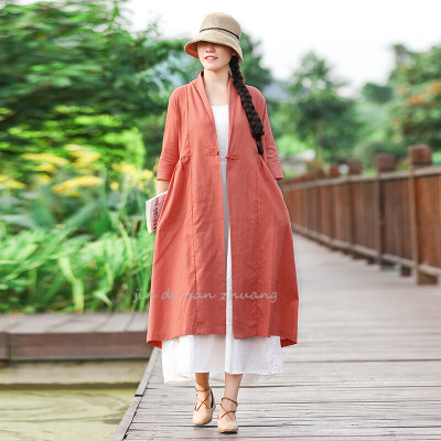 迪鲁奥(DILUAO)2021早秋新款女大码文艺复古盘扣宽松纯色中长款显瘦开衫上衣