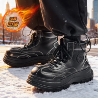 黑色皮靴加绒保暖户外工装靴子冬季加厚机车男鞋防滑加厚底马丁靴