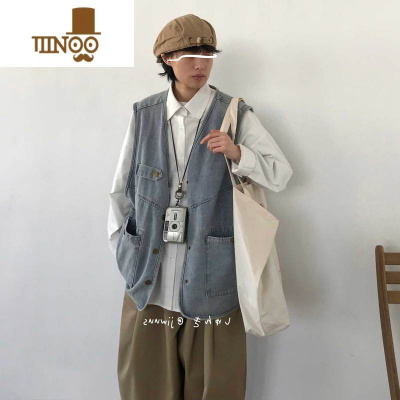 YANXU复古做旧水洗牛仔工装马甲中性街头风无袖坎肩马夹背心外套男女潮