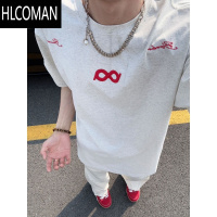HLCOMAN美式断开字母刺绣短袖t恤男2025夏季高街圆领上衣休闲百搭ins