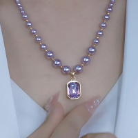 法式紫色珍珠水晶方块项链气质紫气东来毛衣链简约王妃方形锁骨链送女朋友老婆情人节七夕生日礼物