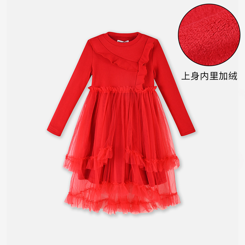 [1件3.5折]铅笔俱乐部秋冬新款女童连衣裙中大童加绒加厚针织拼接网纱裙