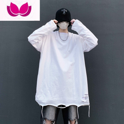 七斓纯色简约破洞设计圆领长袖T恤男新款百搭宽松打底衫男生