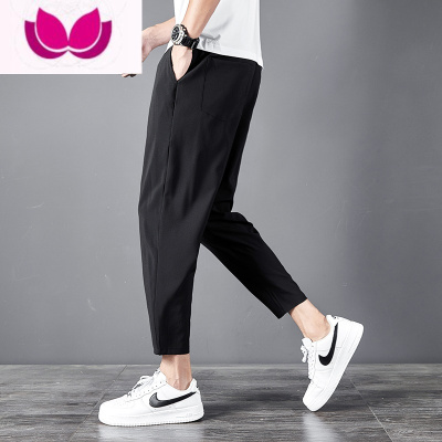七斓男士夏季休闲裤冰丝薄款宽松束脚裤2022新款潮流黑色九分运动长裤