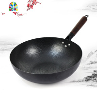 章丘手工熟铁锅家用炒菜锅平底老式炒锅无涂层锅燃气电磁炉适用 FENGHOU 30cm手打平底锅+木盖