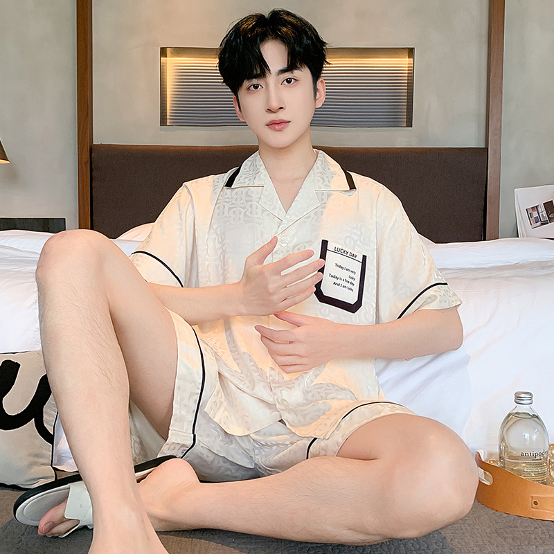 夏季睡衣男士冰雪丝开衫短袖韩版休闲宽松加大码青少年家居服套装