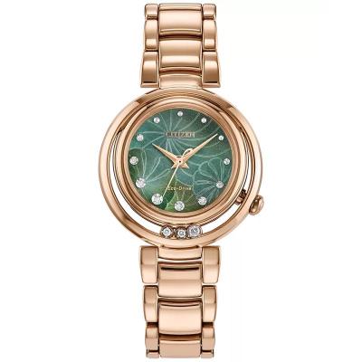 西铁城(CITIZEN)女士石英表玫瑰金不锈钢表带30mm绿面镶钻防水生态驱动手表