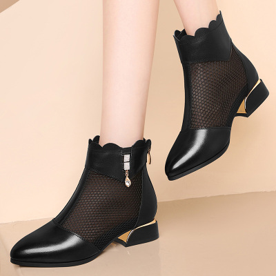 古奇天伦网纱马丁靴女鞋夏新款粗跟透气牛皮凉靴短靴镂空高跟9761-3