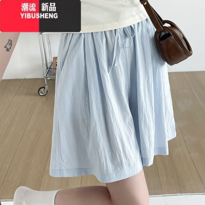 YIBUSHENG蓝色冰丝山本短裤女薄2024新款高腰外穿休闲阔腿中裤运动五分裤