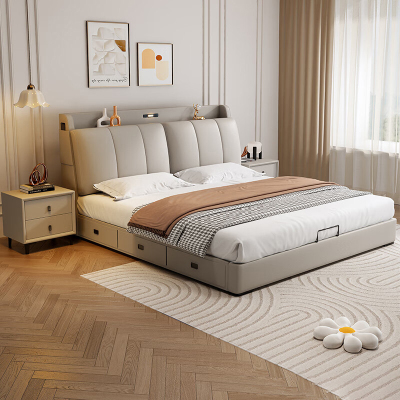 北欧真皮床轻奢现代简约双人床钢琴键奶油风储物床主卧室软包婚床