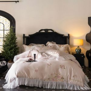 高档法式浪漫风100支澳棉四件套刺绣花边圆角床单闺蜜姐妹款床品