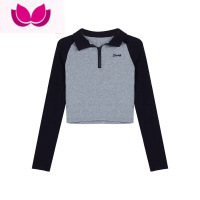 七斓美式撞色Polo领修身显瘦长袖T恤女春季内搭打底衫辣妹短款上衣潮