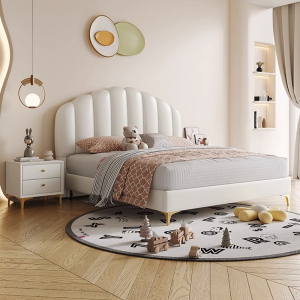 意式奶油风儿童床单人床1.2米轻奢简约卧室公主床贝壳软包皮床