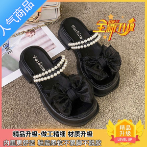 SUNTEK温柔网纱蝴蝶结珍珠露趾凉鞋女2023夏季新款仙女风百搭粗跟罗马鞋
