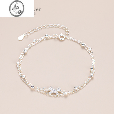 JiMiS925银银双层叠戴蝴蝶结手链女款轻奢小众女生精致学生日礼物 蝴蝶结双层手链