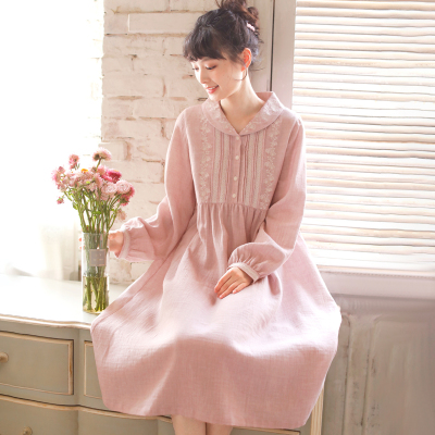 HLCOMAN睡裙女春秋双层棉纱布长袖日系翻领可外穿中长款棉麻睡衣裙子睡裙