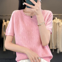 夏季新款冰丝圆领针织衫女短袖T恤提花宽松百搭针织镂空打底衫