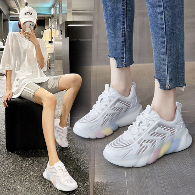 柏洛菲女鞋夏季老爹鞋女厚底显瘦增高网面透气果冻底小白鞋女学生网红韩版百搭仙女风休闲运动网布鞋F052白色37码