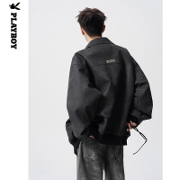 花花公子男装复古翻领皮衣男春季美式cleanfit宽松皮夹克百搭外套