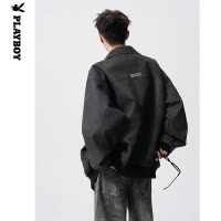 花花公子男装复古翻领皮衣男春季美式cleanfit宽松皮夹克百搭外套