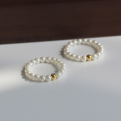 S925银韩版简约金色光珠贝珠戒指小清新法式复古小众气质手饰女送女朋友老婆情人节七夕生日礼物