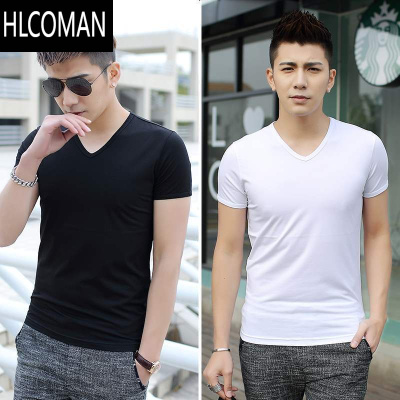 HLCOMAN]莫代尔冰丝短袖T恤男装夏打底衫V领纯色黑色修身半袖潮体恤