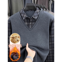 秋冬新款加绒保暖T恤男假两件内搭加厚衬衫领打底衫男士休闲冬装