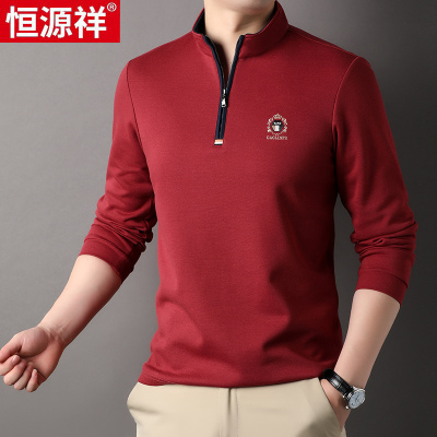 恒源祥男士长袖t恤棉T中年爸爸装休闲春秋季红色立领半拉链卫衣男