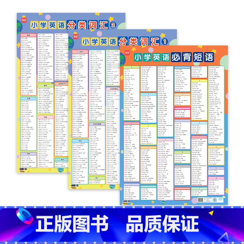 小学英语必背短语+分类词汇(3张) 小学通用 [正版]易蓓小学英语分类词汇挂图三四五六年级英语词汇汇总表必背常考词汇分类
