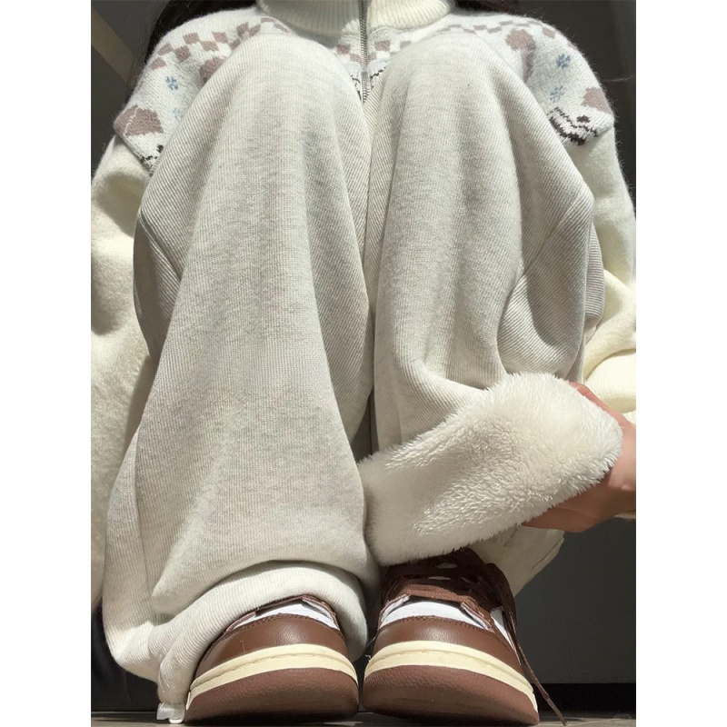 加绒运动裤女新款秋冬季加厚棉裤外穿宽松束脚羊羔绒阔腿卫裤_324