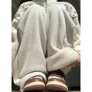 加绒运动裤女新款秋冬季加厚棉裤外穿宽松束脚羊羔绒阔腿卫裤