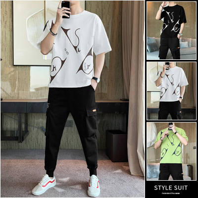 短袖套装-夏季休闲套装男潮牌短袖t恤宽松短裤卫裤男潮流体恤学生九分裤