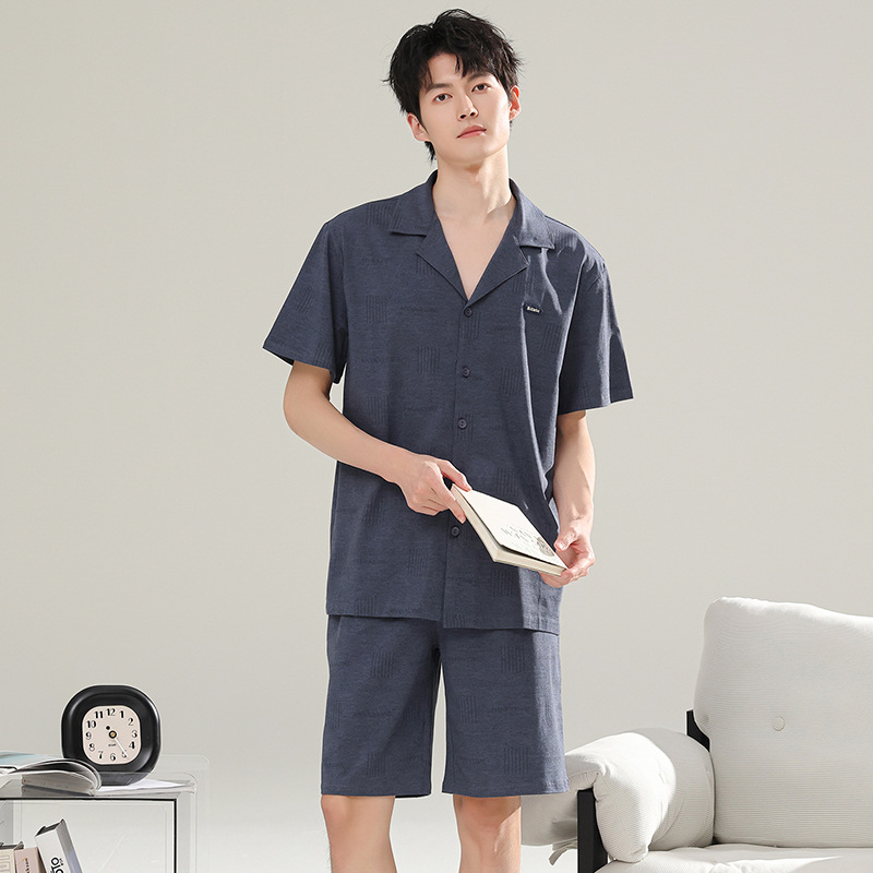 夏季纯棉男士睡衣短袖短裤开衫纯棉家居服清新简约休闲宽松两件套