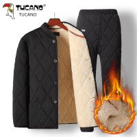 啄木鸟正品中老年人加绒加厚羊羔绒棉衣棉裤套装爸爸保暖防寒棉袄