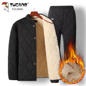 啄木鸟正品中老年人加绒加厚羊羔绒棉衣棉裤套装爸爸保暖防寒棉袄