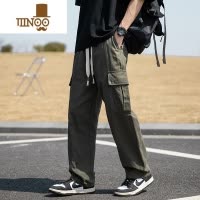YANXU男生卡其色工装裤男夏季薄款宽松直筒裤休闲裤子阔腿2023新款