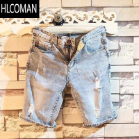 HLCOMAN2024夏季薄款浅色破洞牛仔短裤男五分裤韩版修身弹力日系乞丐裤