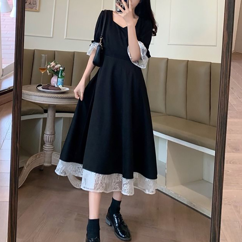 黑色赫本风设计感夏季连衣裙新款法式方领长裙小众裙子ins潮
