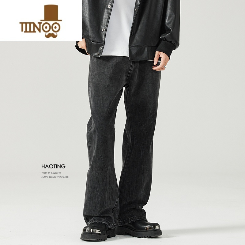 YANXU微喇叭黑色牛仔裤男秋季渐变水洗宽松阔腿裤裤脚磨烂直筒裤