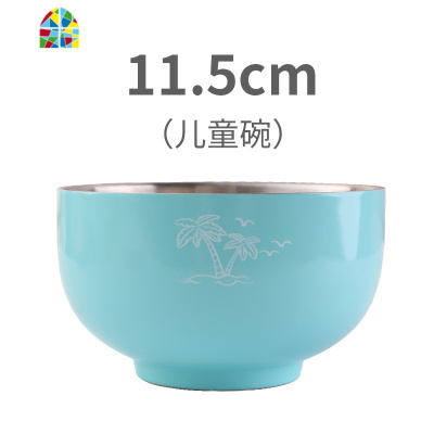 韩式炫彩304不锈钢碗家用成人餐具碗双层隔热保温儿童碗创意加厚 FENGHOU 14cm蓝色