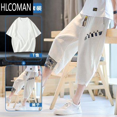 HLCOMAN冰丝短裤男薄款亚麻七分裤男款夏季男士休闲裤子中国风棉麻7分裤