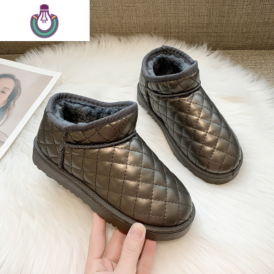 FISHBASKET防水雪地靴女短筒新款2020学生一脚蹬加厚加绒格子防滑棉鞋靴子