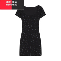 YIBUSHENG复古碎花方领短袖连衣裙女装季辣妹针织裙子黑色收腰包臀中长裙