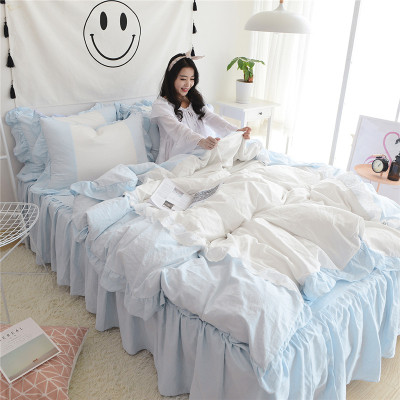 纯棉公主韩式全棉水洗棉韩版四件套花边拼接床裙款三件套天蓝白