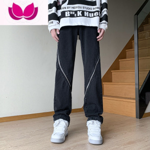 七斓时尚拉链牛仔裤男款春季oversize阔腿裤痞帅ins美式宽松复古裤子