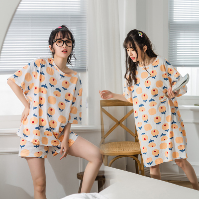 SUNTEKins北欧风~甜美睡衣女士夏季棉薄款针织印花短袖家居服套装睡裙